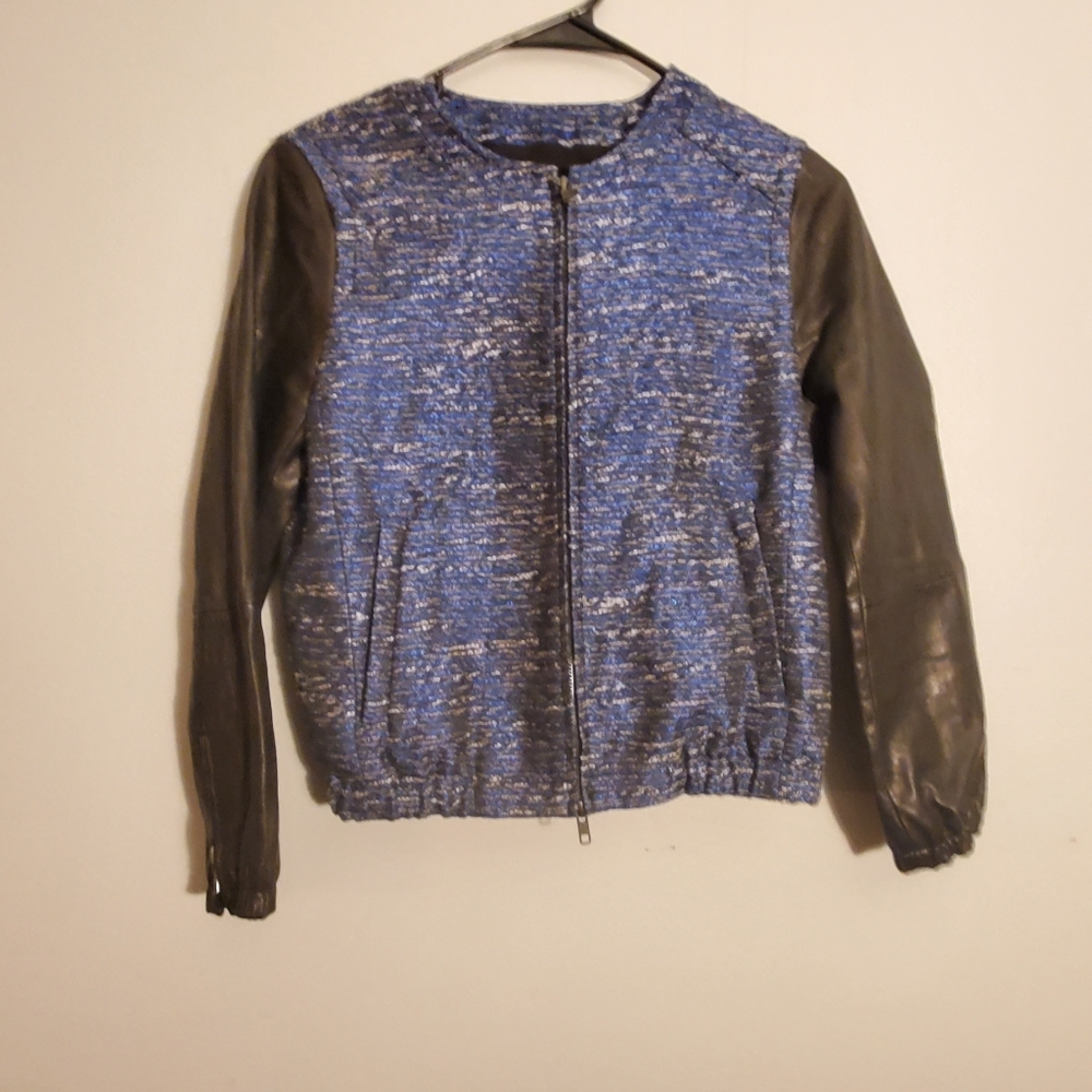 Madewell leather and blue tweed jacket
